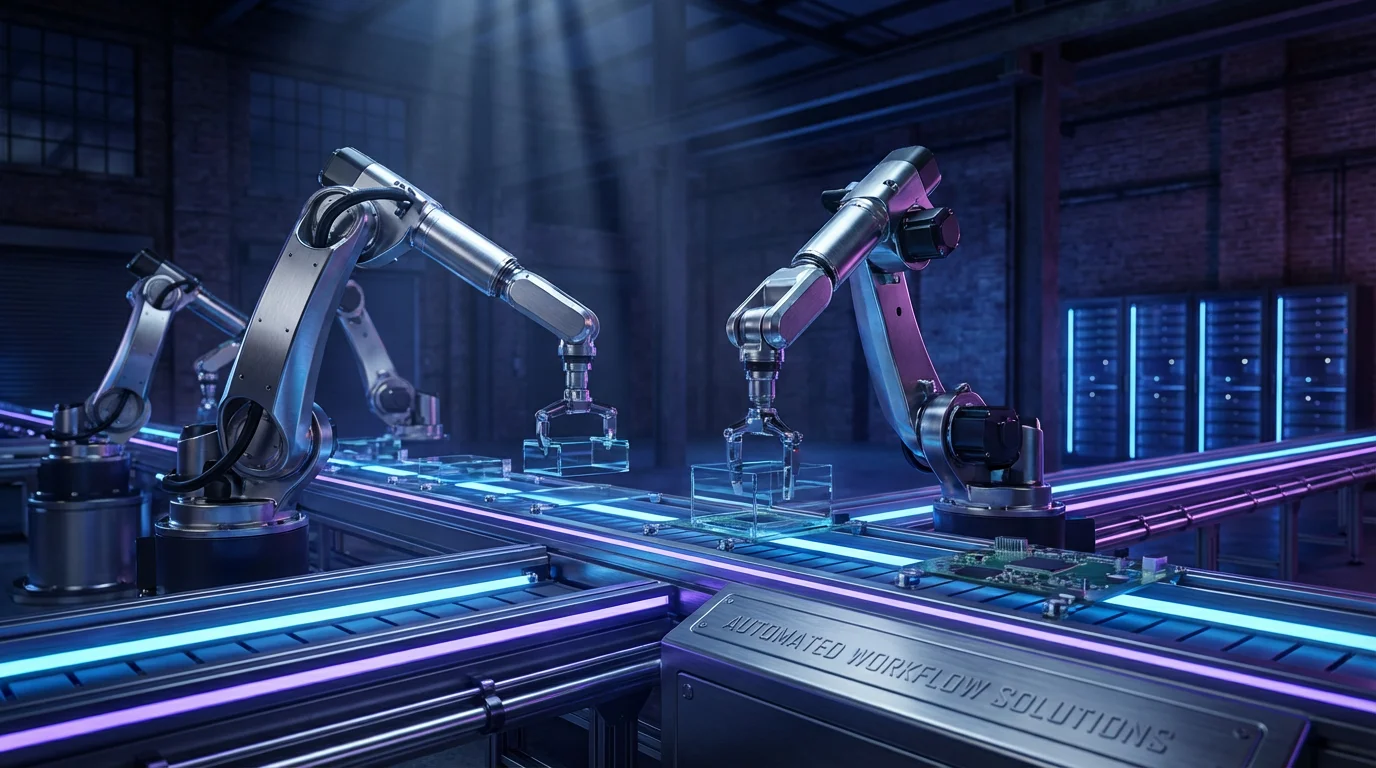 Automated workflow systems - Robotic arms demonstrating precision automation and intelligent manufacturing processes
