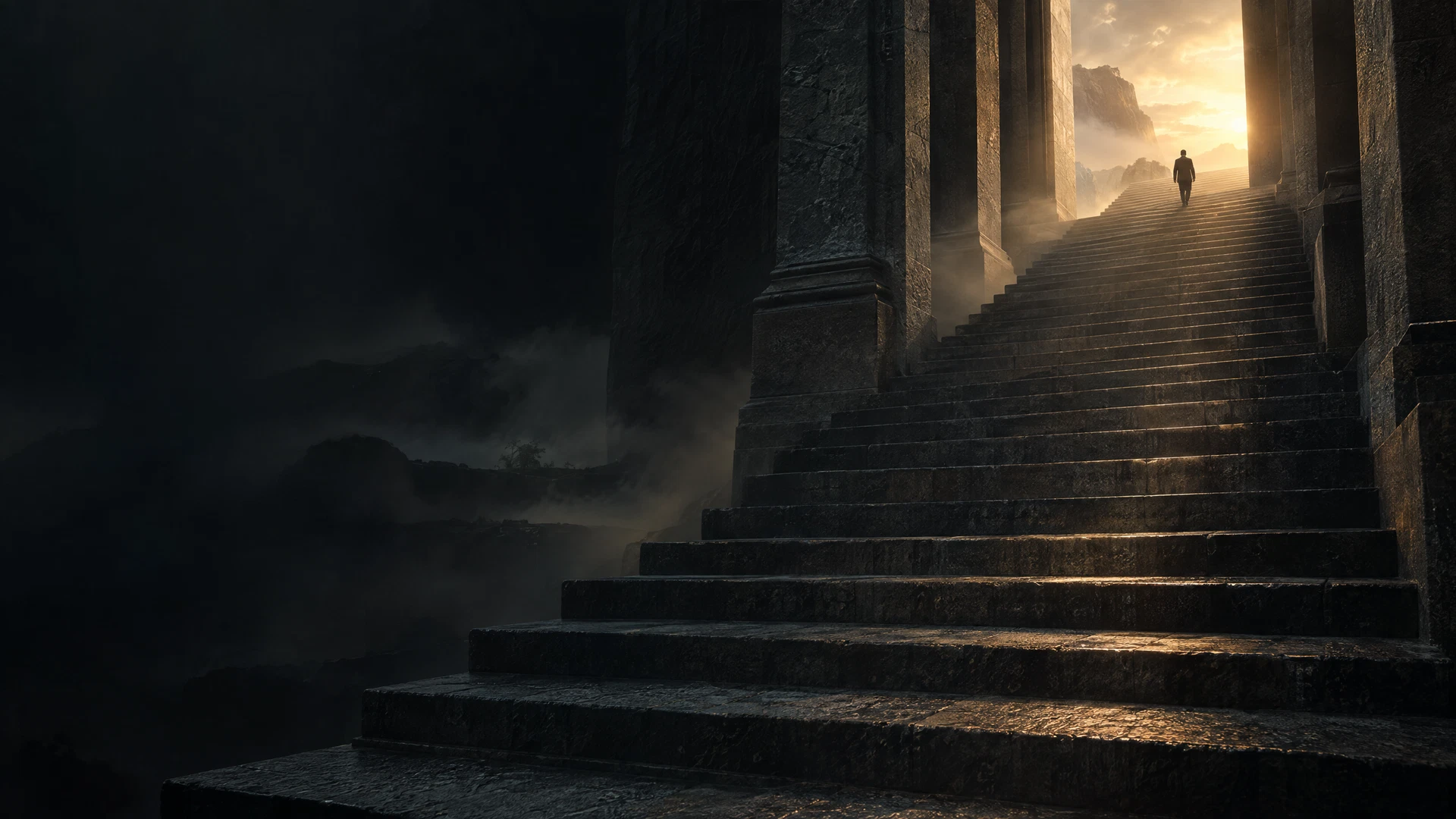 A dark stairway rising toward warm morning light